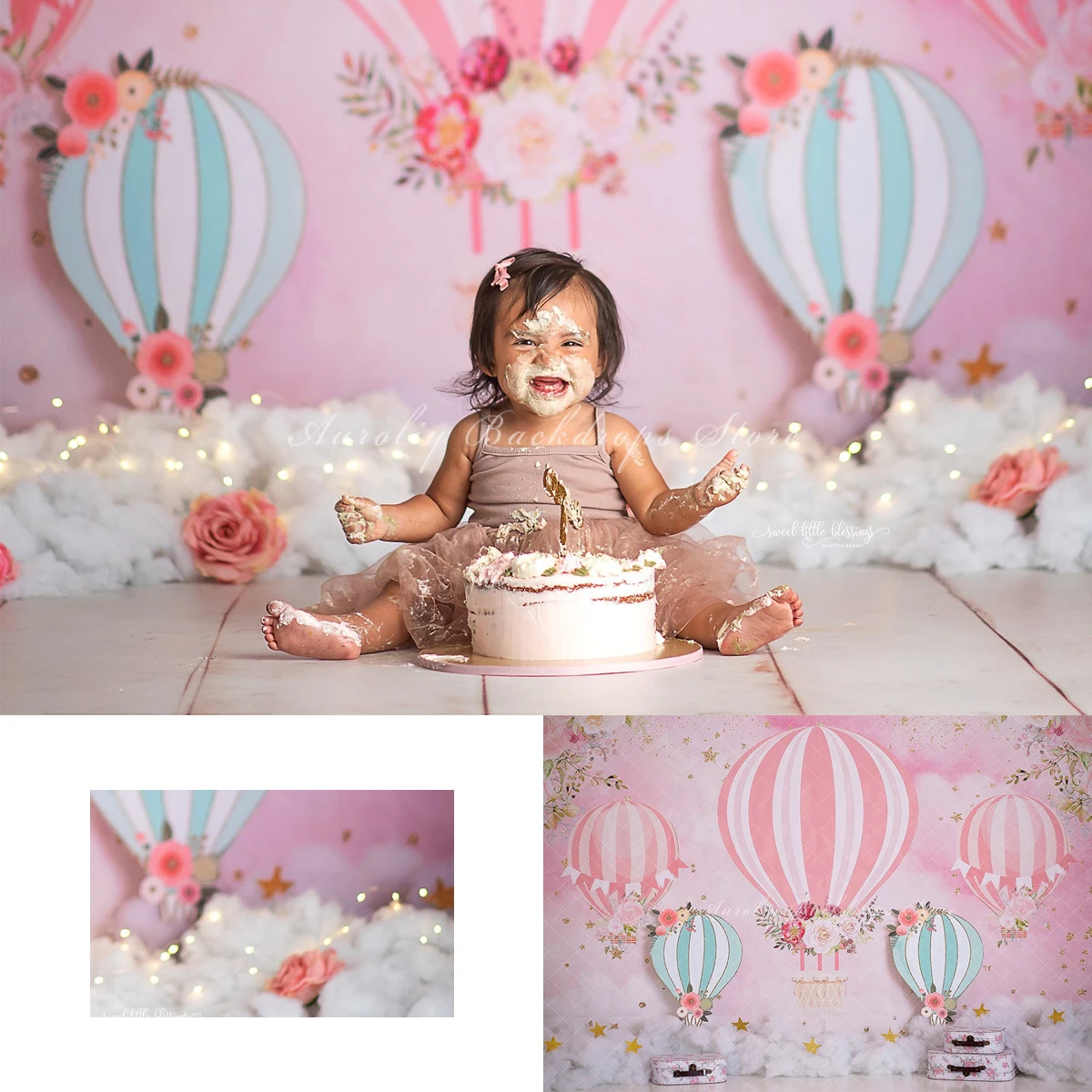 

Romantic Hot Air Balloon Backgrounds Cake Smash Kids Adult Photography Props Child Baby Above Cloud Decors Pink Photo Backdrops