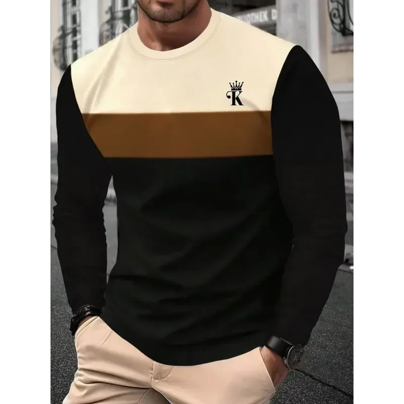 3D Printed Casual Long Sleeve New Men's Autumn Patchwork Striped Creative Print Comfortable Soft Round Neck T-Shirt Outdoor view 6