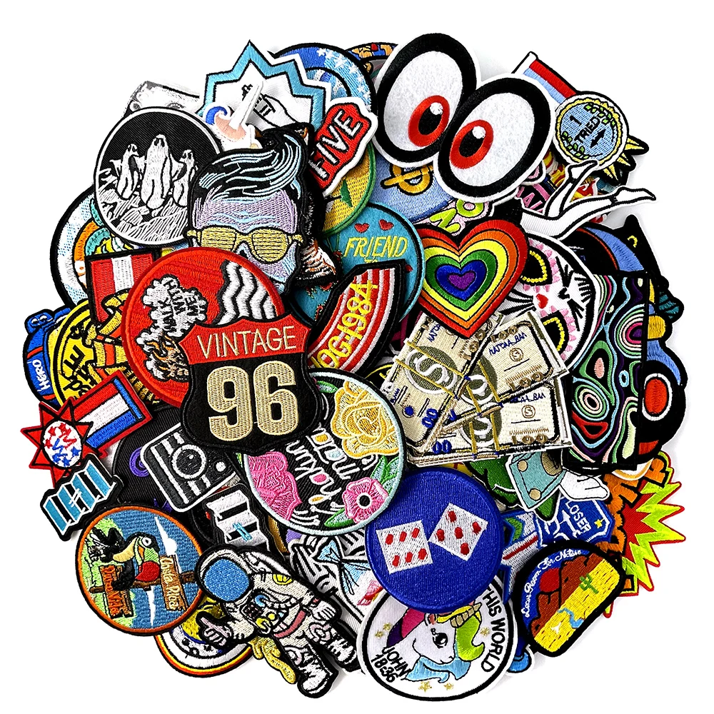 100pcs Random Mix Iron on Patches for Clothes Fabric Appliques Decoration Apparel Colorfast Patch for Clothing Multiple Sizes