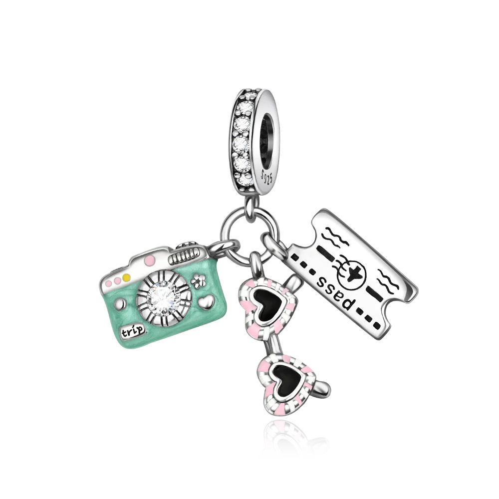 925 sterling silver camera ink airplane ticket pendant compatible with original bracelet, men's and women's DIY jewelry gift