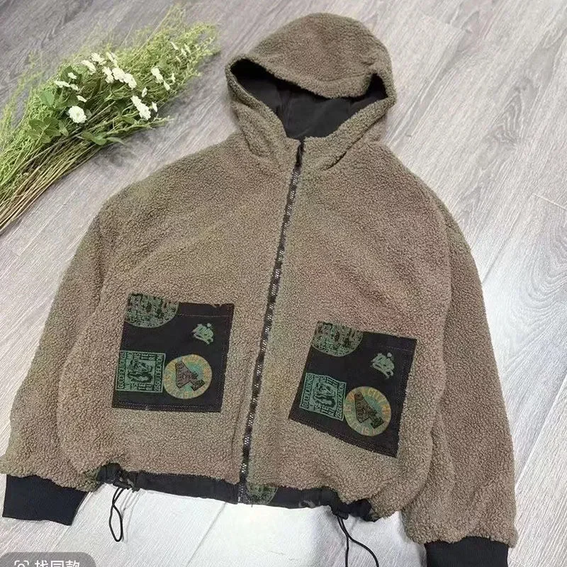 Winter Denim Coat For Women Denim Print On Both Sides Plush And Thick Casual Hooded Cowboy Jacket Female Denim Overcoat New