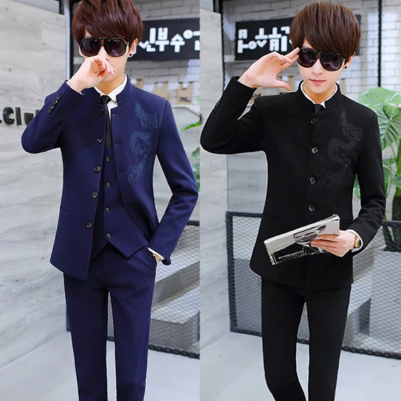 

Embroidered Men's Suit Set Korean Sle Stand Collar Wedding Clothes Tee-Piece Set Chinese Sle Spring Summer Faion