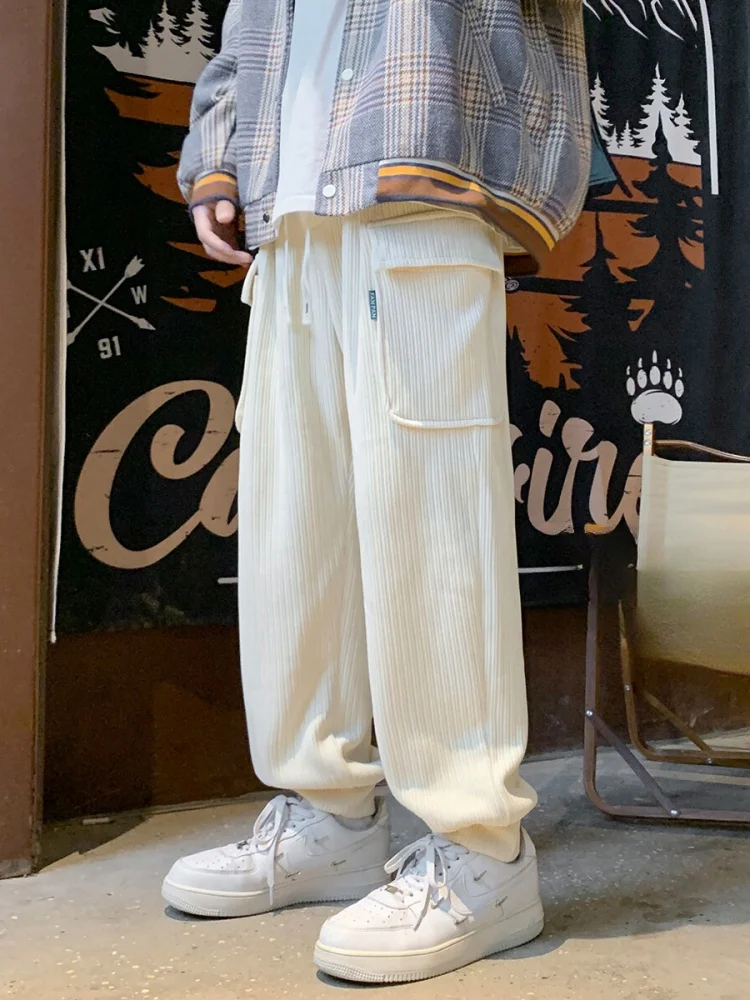 

Утепленные зимние повседневные брюки для мужчин в американском стиле, молодежные свободные спортивные штаны с эластичным поясом на шнурке