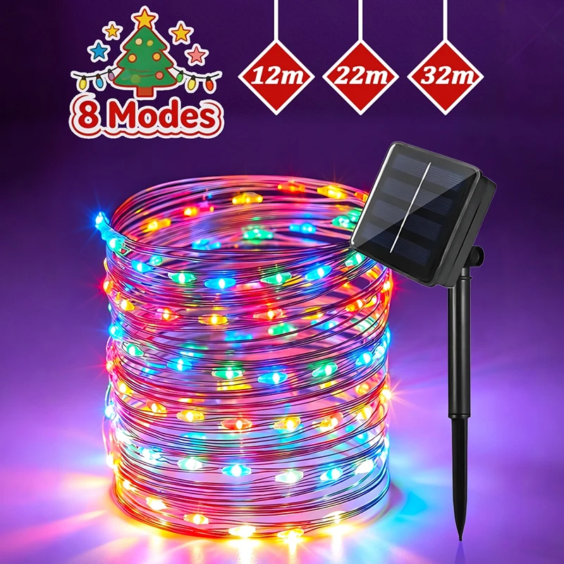Solar Powered Christmas LED String Lights 8 Modes Twinkle Waterproof Outdoor Fairy Garland for Garden Tree Yard Party Decoration