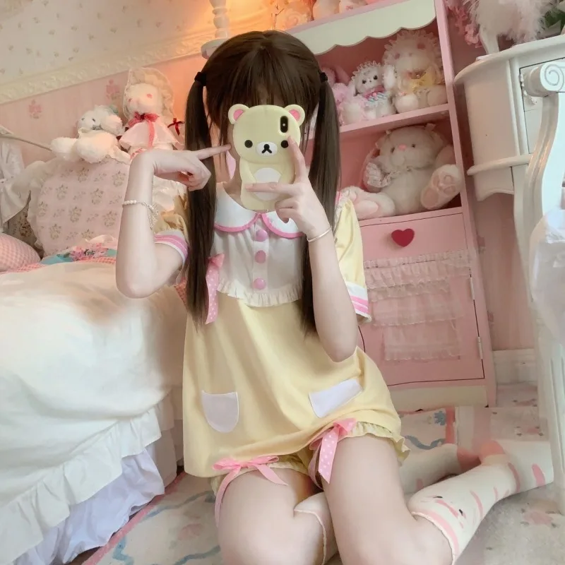 Japanese Sweet Lolita Style Shorts Set Women Kawai Peter Pan Collar T-shirt Bow Plaid Underwear Short Pants Suit Y2k 2 Piece Set