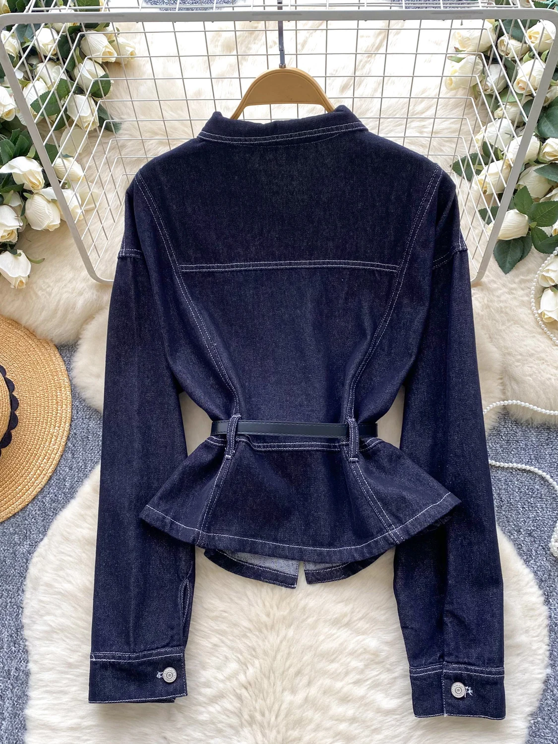 Csa de Mezclilla de Manga Larga con Cinturón y Cuello, Diseño E y Juvenil, Estilo Coreano, Hoada, para Mujer, Oto...