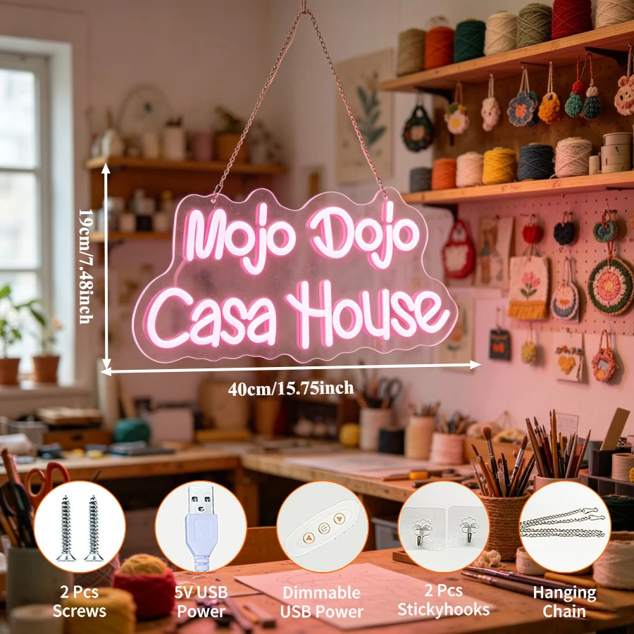 Mojo Dojo Casa House Neon Sign LED USB Reusable Mexican Theme Night Light for Home Bar Nail Salon Party Room Wall Decor Setup