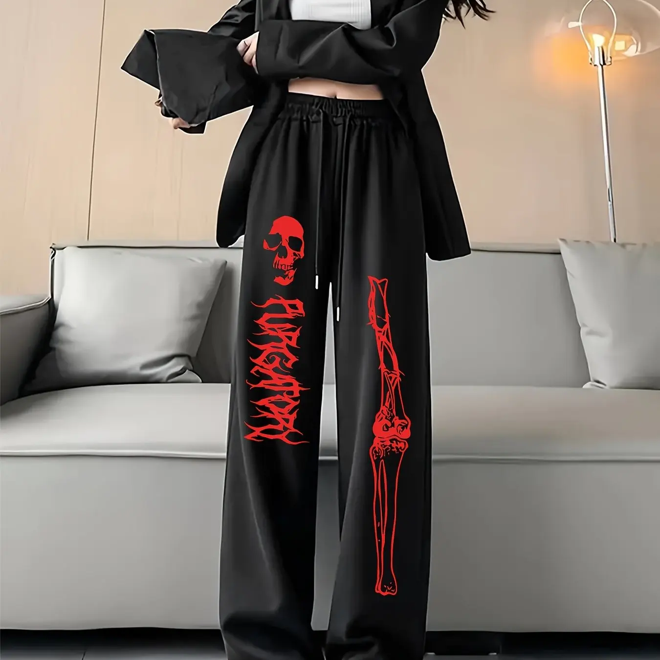 

Новые мужские и женские повседневные брюки в темном уличном стиле с принтом красного черепа, черные, широкие, свободные, модные, крутые брюки