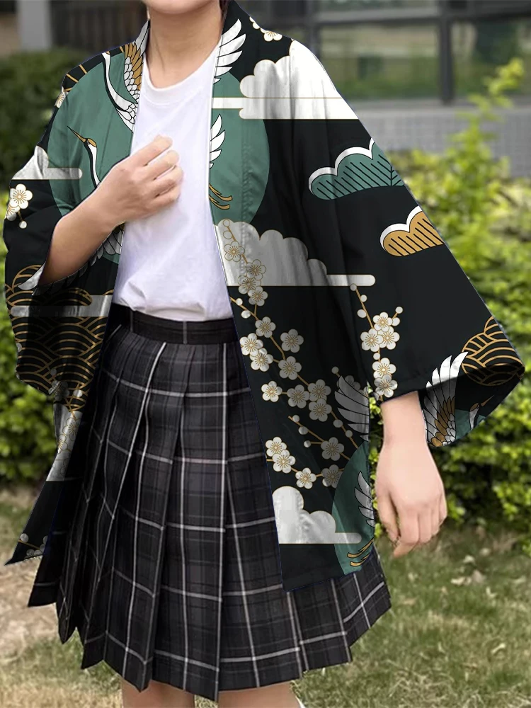 

New Design Crane Print Fashion Japanese Cardigan Haori Women's Traditional Asian Costume Cosplay Loose Shirt Yukata Beach Kimono