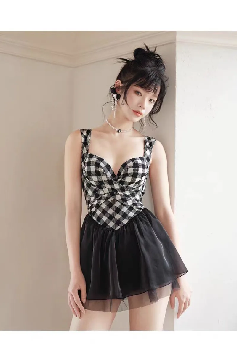 sexy Korean fashion conservative swimsuit one piece white black plaid patchwork mesh mini dress culottes bikinis padded swimwear