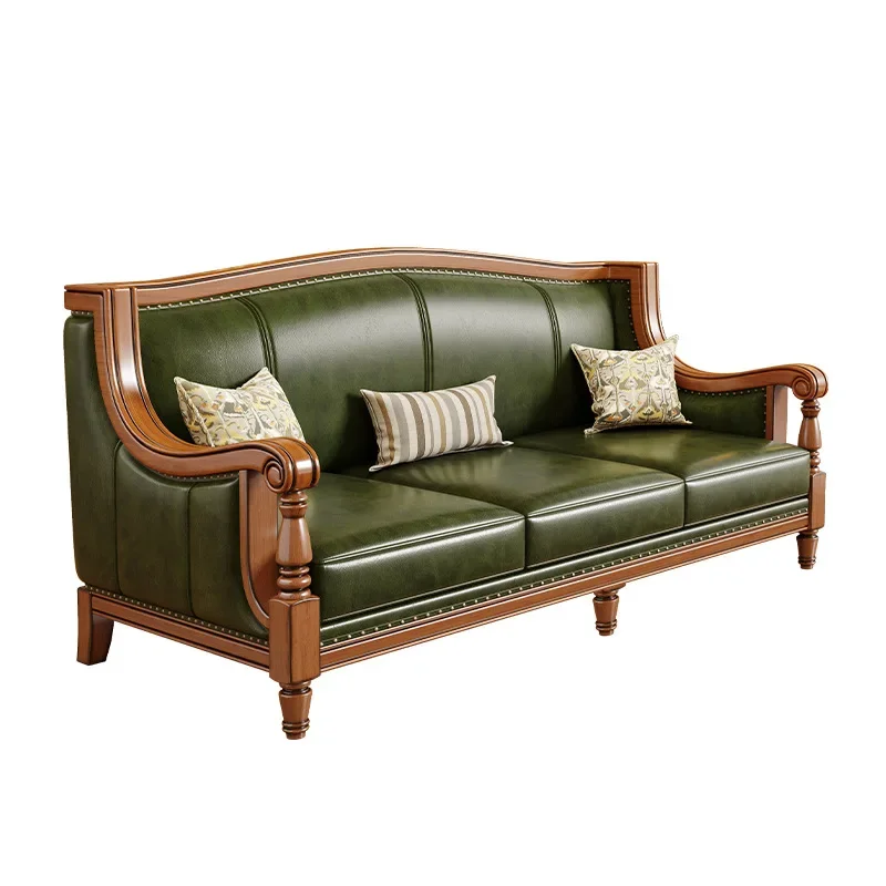 

American leather sofa solid wood retro 123 combination villa