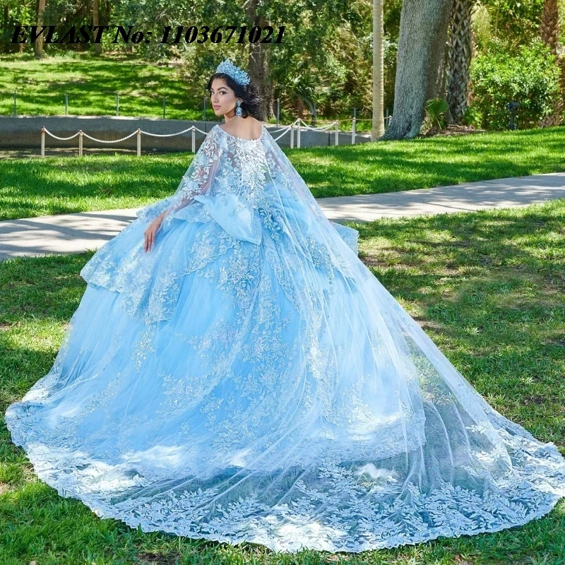 EVLAST Customized Sky Blue Shiny Quinceanera Dress Lace Applique Beading Bow Cape Ball Gown Sweet 16 Vestidos De 15 Anos SQ722