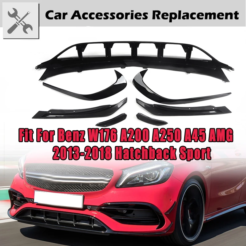 Rhyming – séparateur de lèvre de pare-choc avant noir brillant, évents Canards, 7 pièces pour Benz W176 A200 A250 A45 AMG Hatchback Sport 13-18