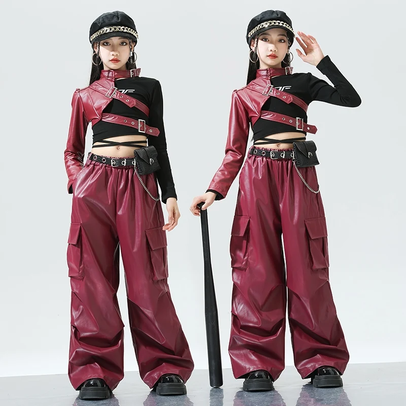 

Одежда для показа мод для девочек, красное пальто, кожаные брюки, костюм для выступлений в стиле джаз, K-pop наряд, детская одежда для концертов и сцены XH2182