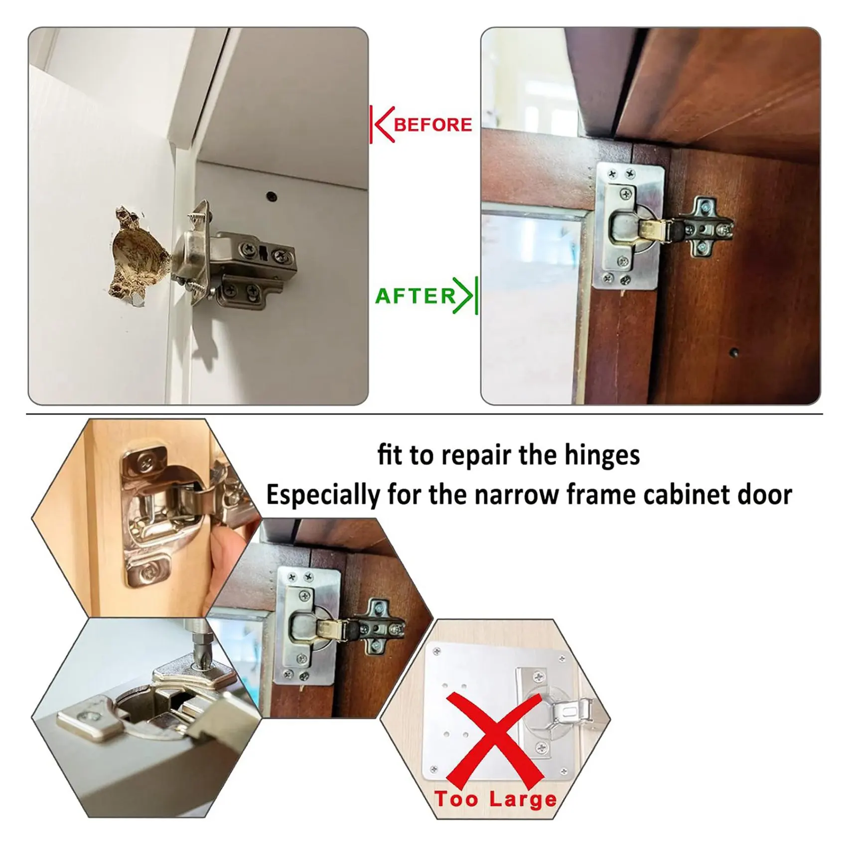 ABGR-8Pack Cabinet Hinge Repair Plate With 4Pack Full Overlay Soft Closing Cabinet Hinges-Hinge Repair Kit Plate For Cabinet