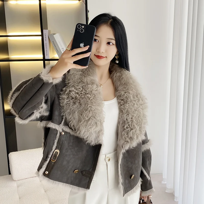 2023 Autumn And Winter New Lamb Hair Collar Rex Rabbit Hair Grass Integrated Short Fashion Double breasted Real Leather Top Coat