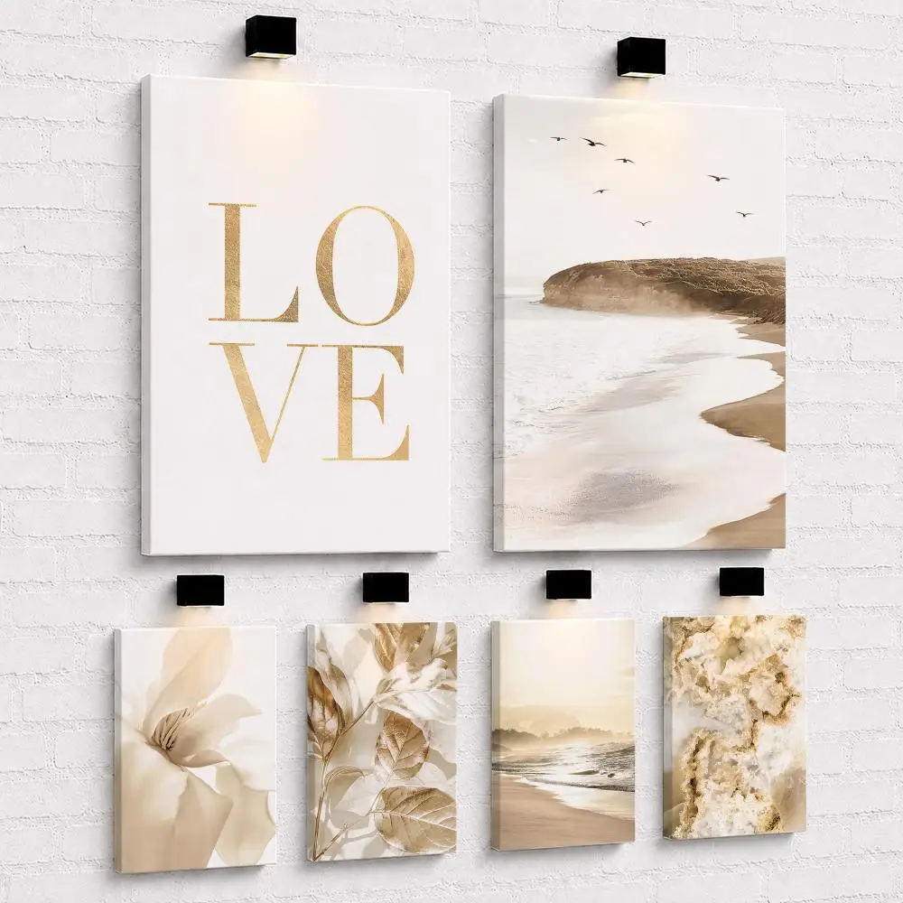 Modern Nordic Art Gold Leaf Framed Wall Painting Wood Canvas Poster For Living Room Bedroom Hallway Office Home Decor
