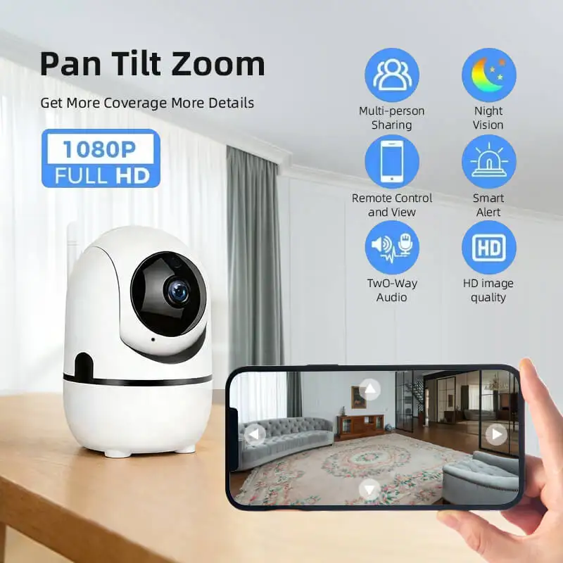 

1080P Full HD Wi-Fi камера с панорамированием, наклоном и зумом для помещений | Видеоняня для домашних животных с ночным видением, двусторонней аудиосвязью, умным оповещением и дистанционным управлением