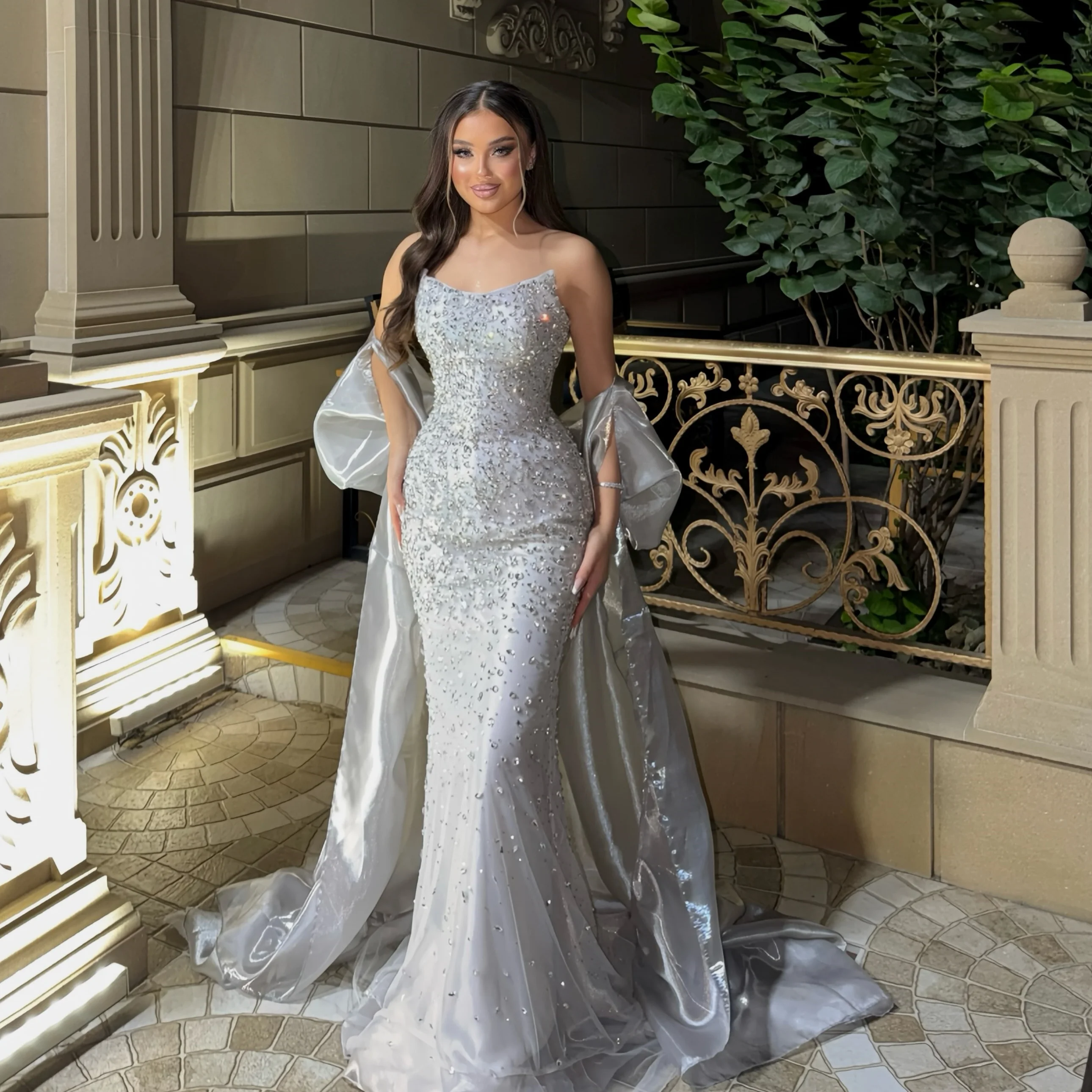 Silver Spaghetti Strap Mermaid Evening DressesFull Water Diamond Beads Detachable Satin  Formal Ball Party Dress Customization