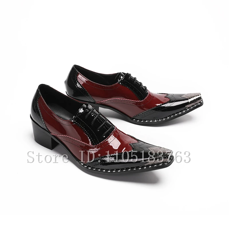 Wine Red Black Color Block Patent Leather Men Oxfords Pointed Toe Brogue Carving Lace Up Dress Shoes for Wedding Banquet