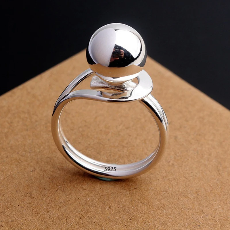 

Sam Panda 925 Sterling Silver Simple Ring For Women Fine Jewelry Finger Adjustable Open Vintage Big Ball Ring For Party Birthday