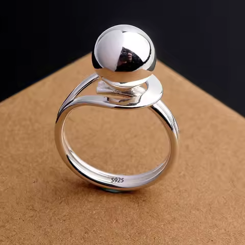 Sam Panda 925 Sterling Silver Simple Ring For Women Fine Jewelry Finger Adjustable Open Vintage Big Ball Ring For Party Birthday