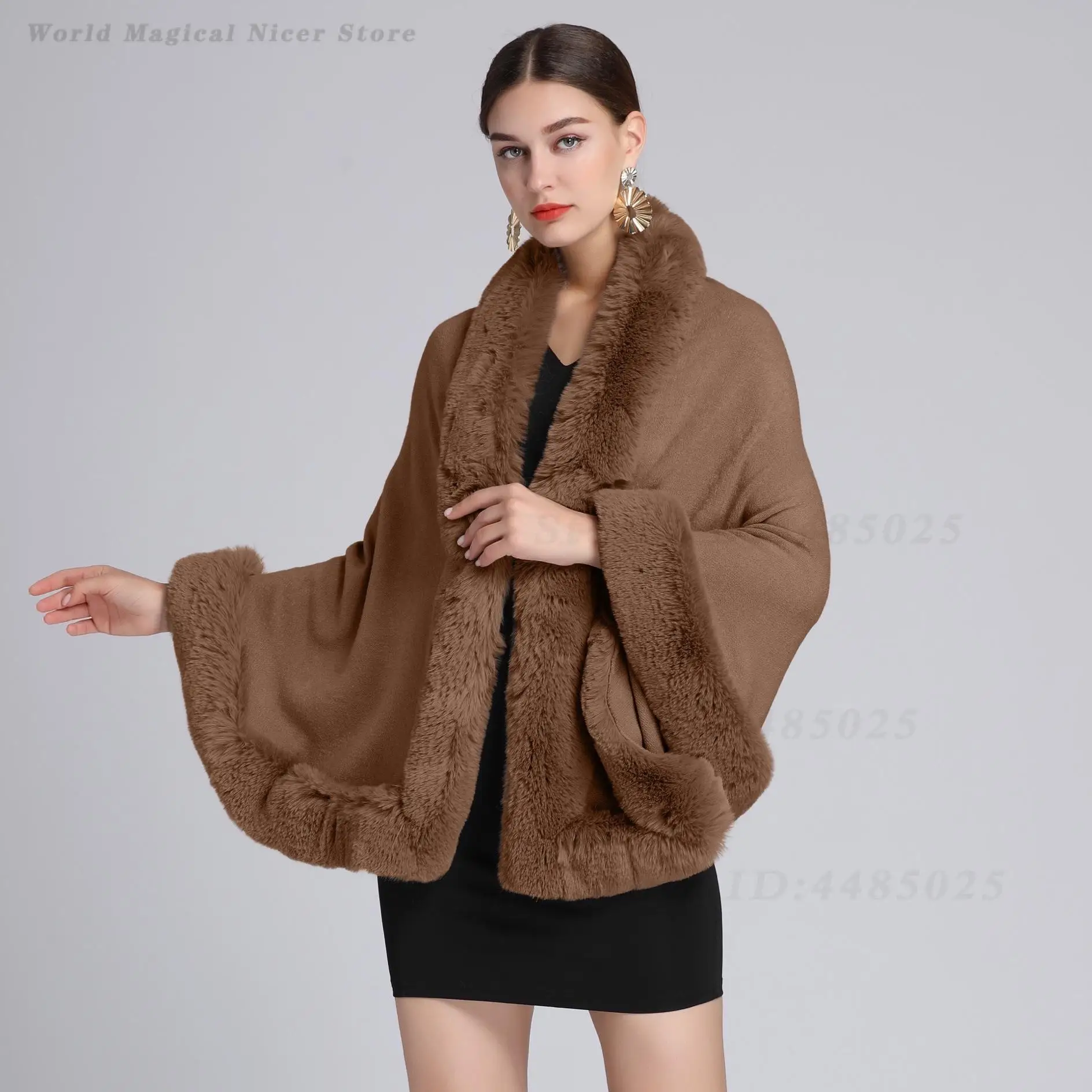 Fall Winter New Women Oversized Knit Cape with Faux Rabbit Fur Collar 60-80Cm 670G Heavy Warm Plus Size Poncho Shawl Coat - view 2