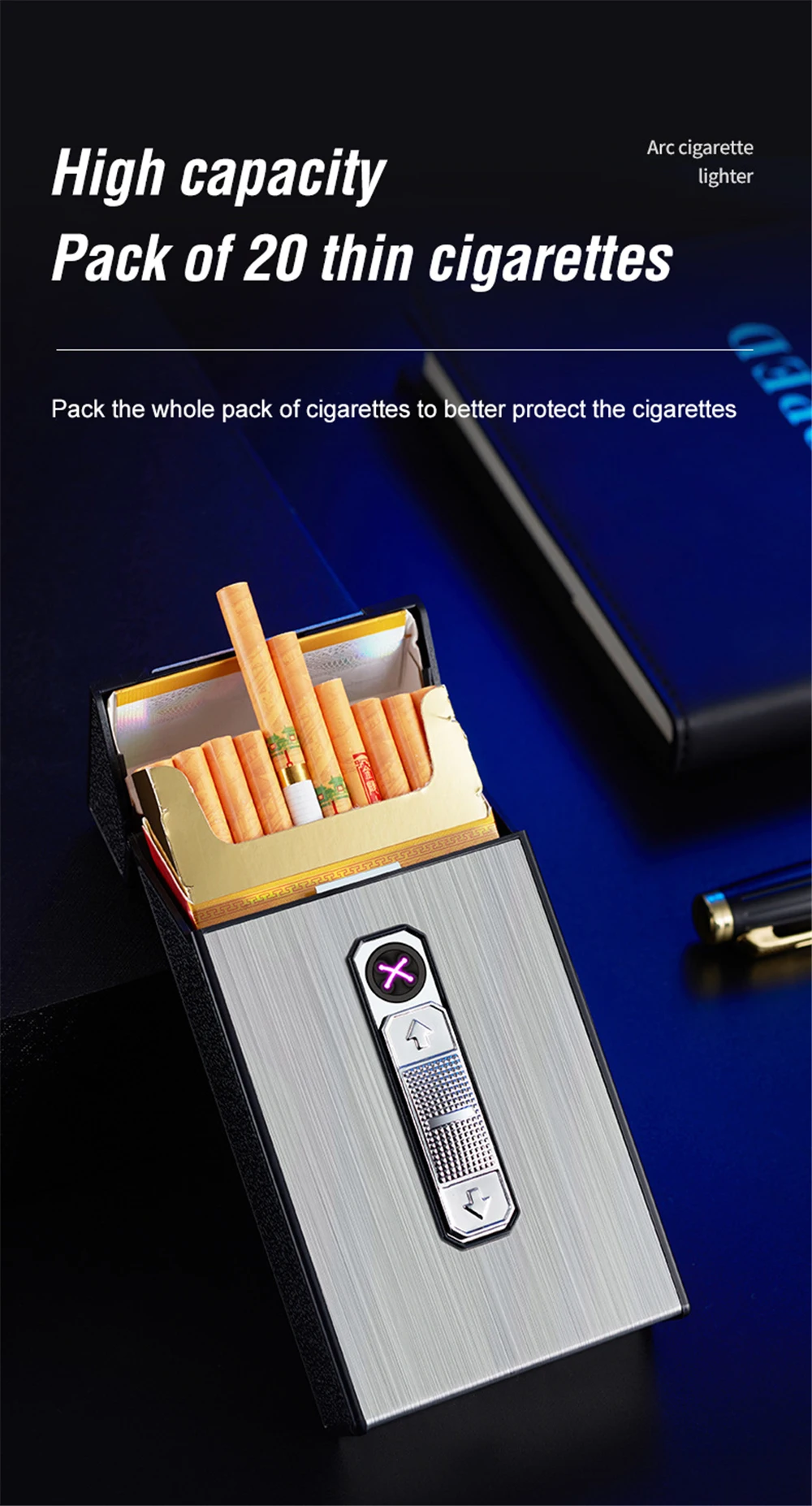 Waterproof 20 Slim Cigarettes Box Built-in Double Arc Lighter USB  Rechargeable Smoking Case Multifunctional Men Gift