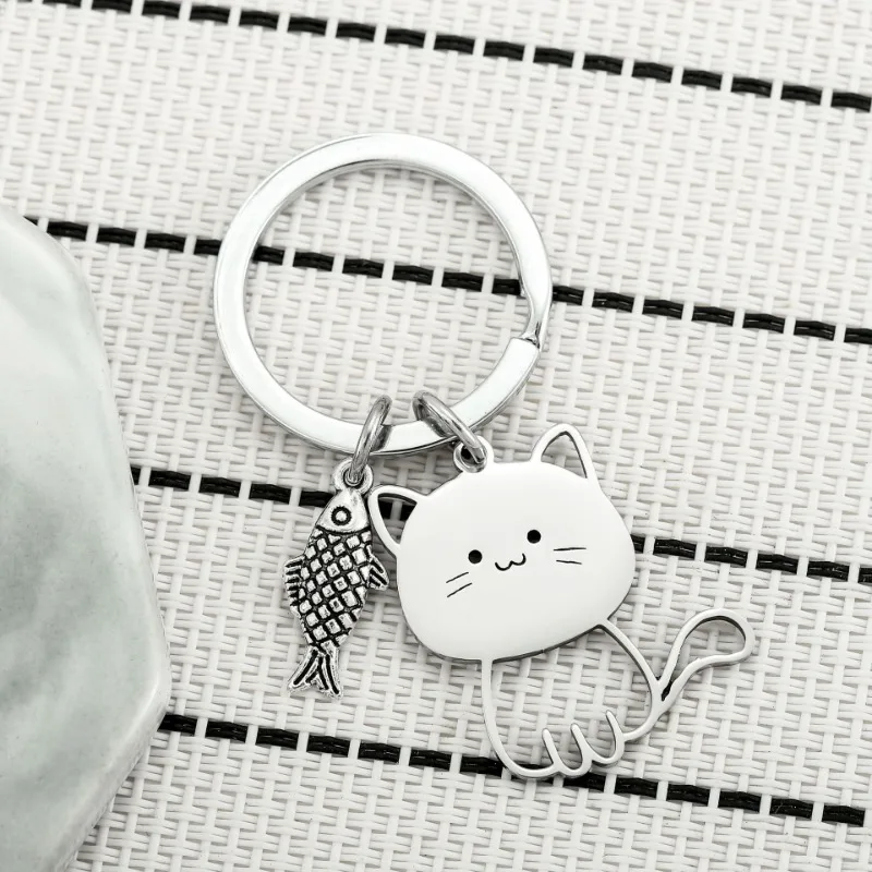 LLavero de gato encantador de acero inoxidable, colgante de gato de dibujos animados, pareja amante, llavero a juego de animales, llavero de regalo del Día de San Valentín, 1 Uds.