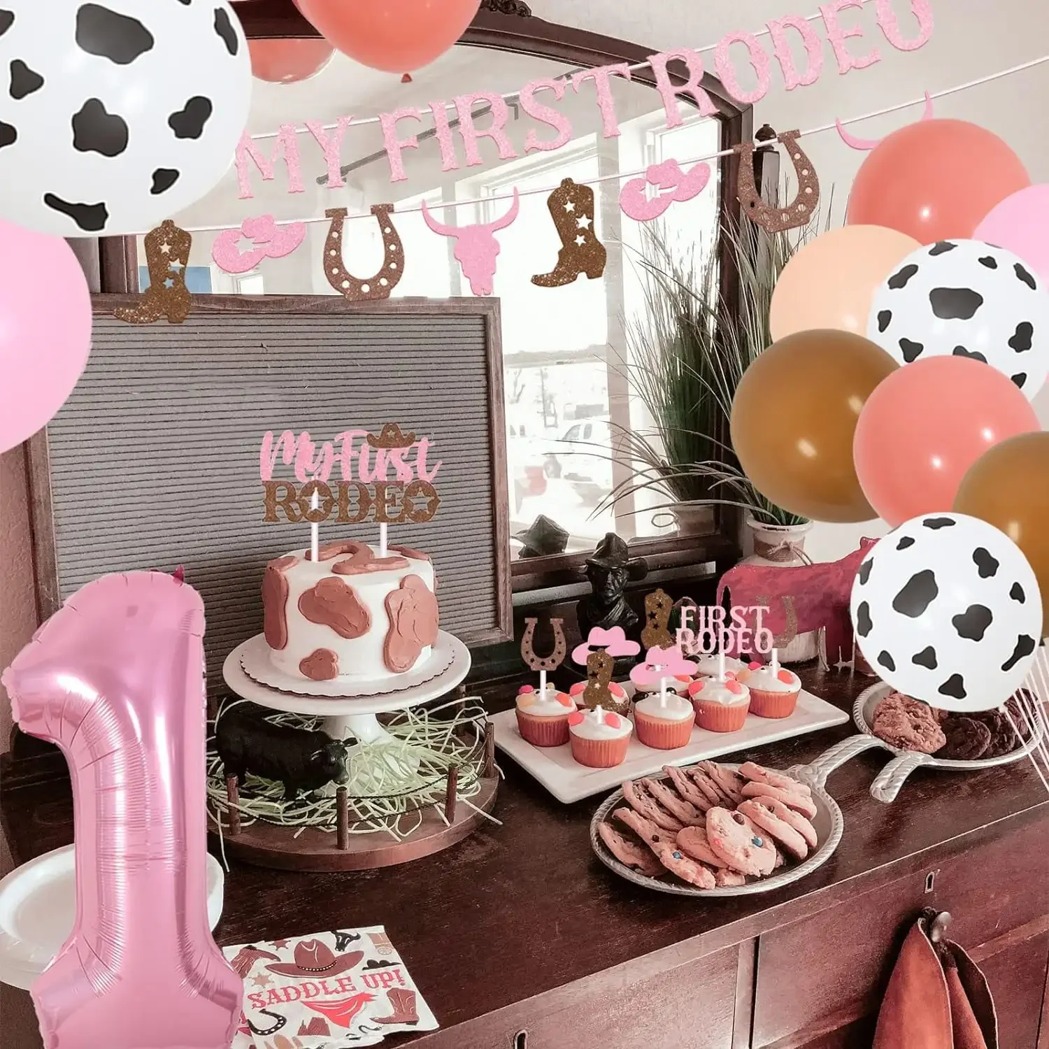 FANGLELAND First Rodeo Birthday Party Decorations,My First Rodeo Glitter Banner & Cake Topper for Girls, Cowgirl 1st Birthday