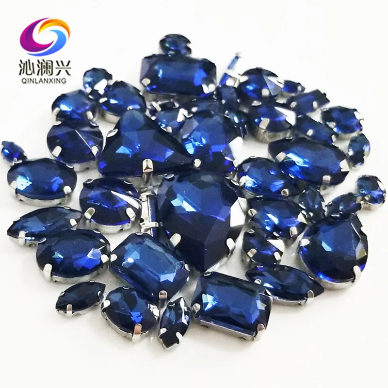 Crystals Glass Rhinestones for DIY Clothing Accessories, Mixed Shape Sewing Stones, Ink Blue, Mix Size, Factory Sales, 68Pcs