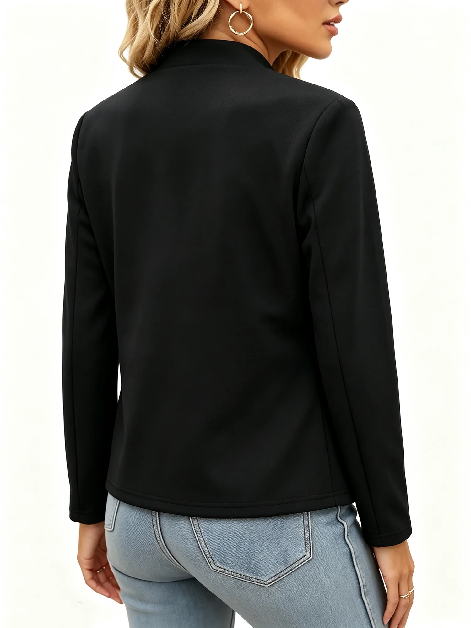 Women Minimalist Open Front Blazer Stand Collar Long Sleeve Black Slim Outerwear Daily Street Coat