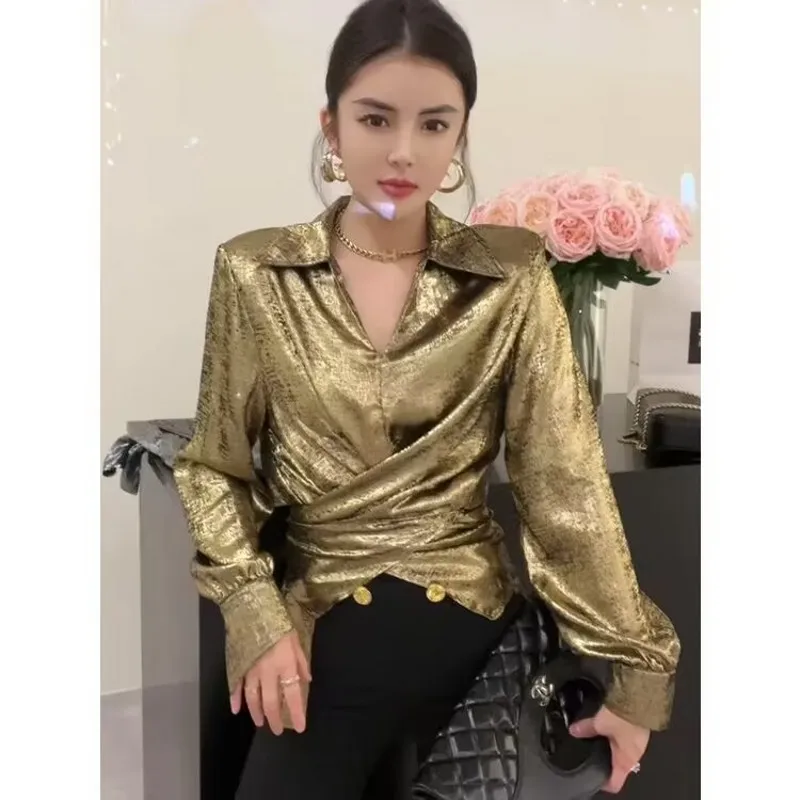 Autumn Fashion Satin Silver Blouse Women 2024 New Causal Chic Tops Korean Fashion Long Sleeve Turn-down Collar Shirts