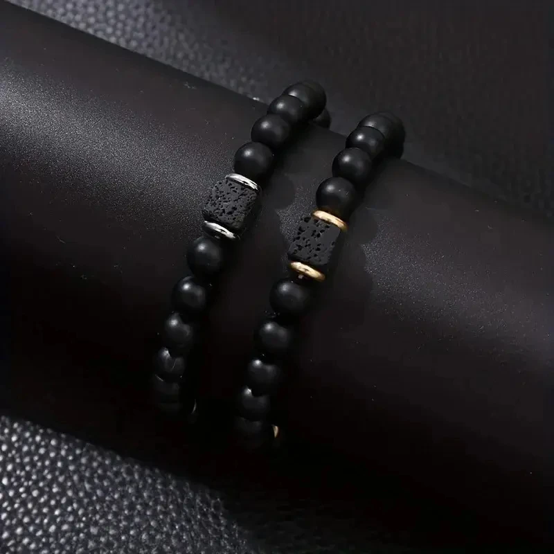 Retro Men's Natural Stone Bracelet Obsidian Volcanic Stone Stretch Beaded Bracelet Women's Casual Sports Accessory Bracelet image 6
