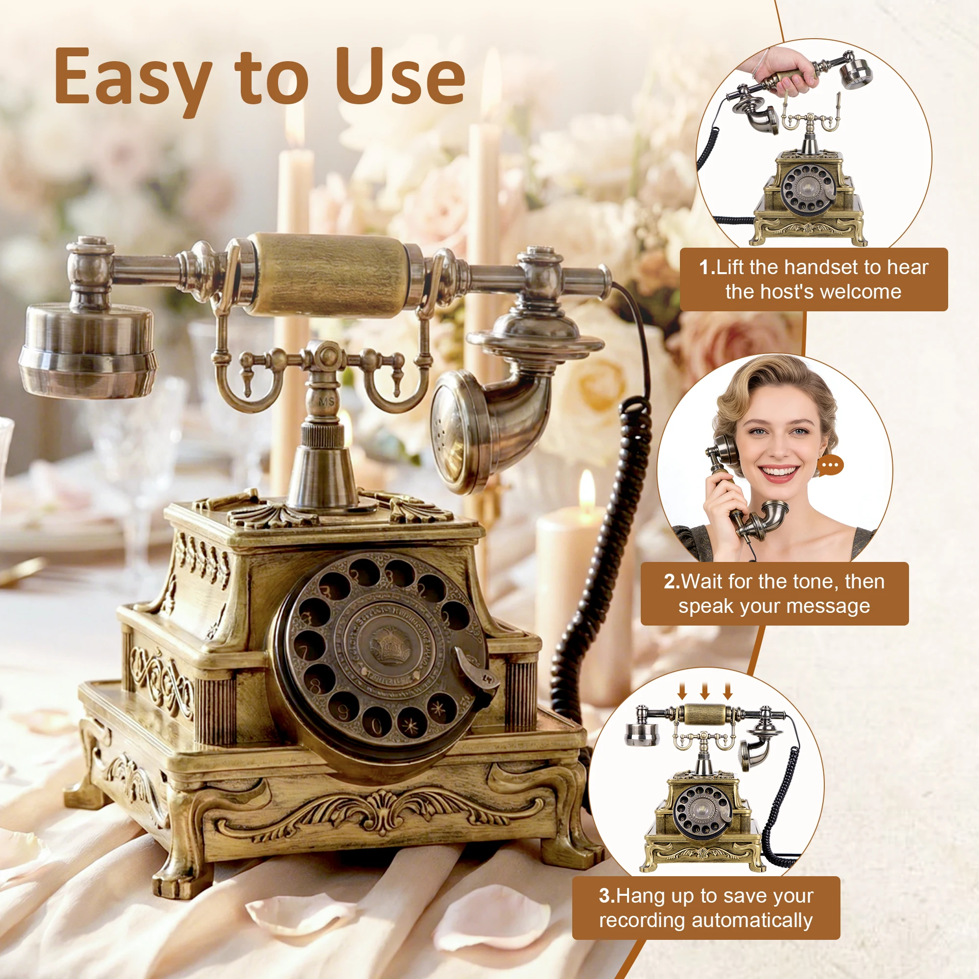 Rotary Audio Retro Guestbook Telephone, Antique Style Recordable Wedding Phone,Vintage Guestbook to Collect Warm Voice Messages