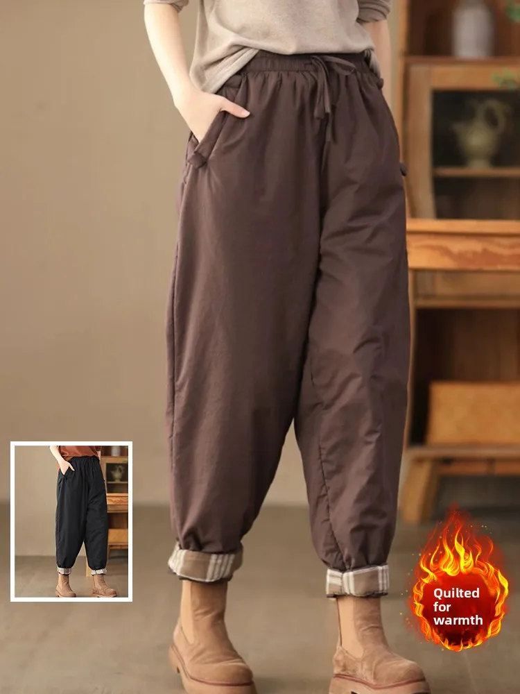 

Retro Artistic Color Cotton Filled Warm Trousers Large Size Women's Dstring Casual Slimming Outerwear Versatile Harl...