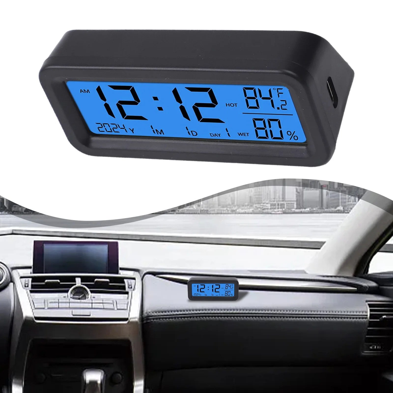 Blue Mini Clock High-Precision Mechanism Temperature And Humidity Display Automatic Backlight Activation In Low-Light Conditions