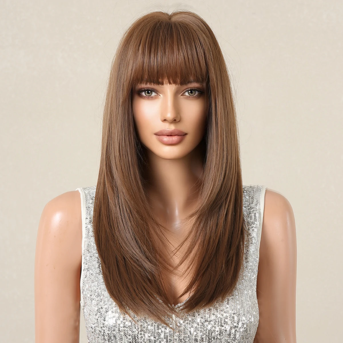 Long Straight Layered Synthetic Wig Natural Brown Wig with Bangs for Women Daily Party Use Natural Hair Heat Resistant Fiber