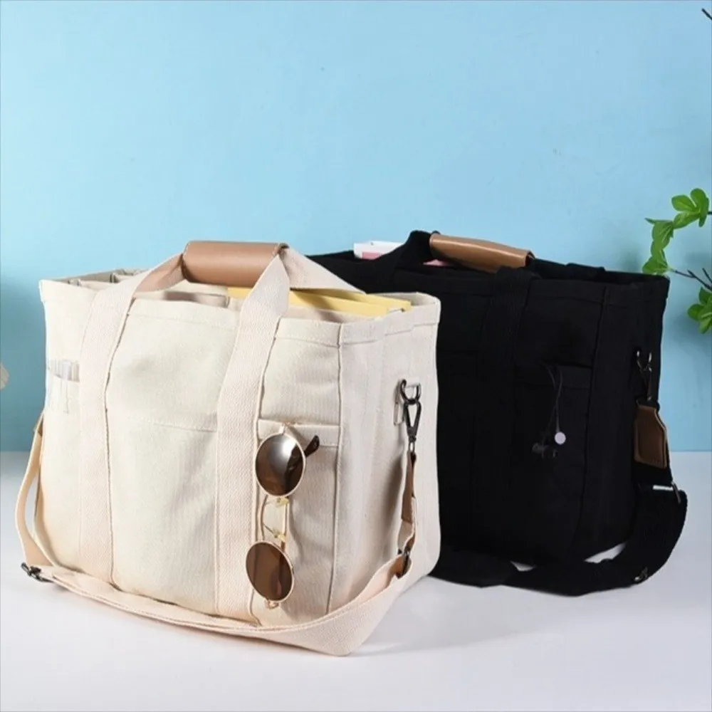Portable Solid Color Mummy Bag Korean Style Multi-pocket Canvas Mother's Bag Tote Bag Multifunctional Women Shoulder Bag Student