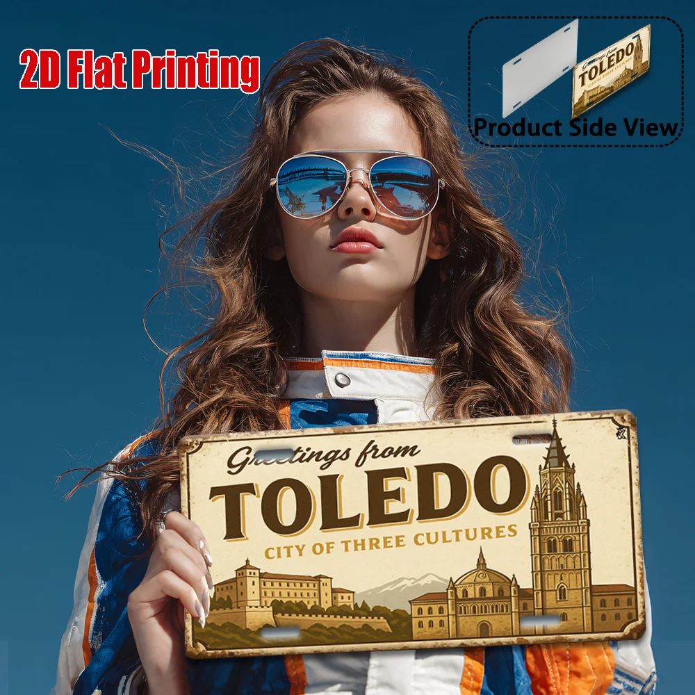 2D Flat, 1pc Vintage Toledo City of Three Cultures Metal Wall Art Sign - Spanish & English Text, Historic Landmarks (Alcázar, Sy