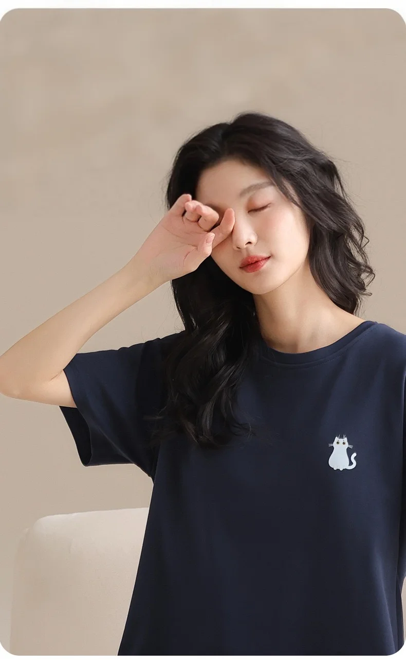 Dawnloom Navy Cotton Nightgown with Built-in Bra (Short Sleeve) for Women Minimalist Cute Comfortable Home Pajamas