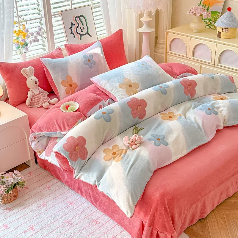 Fall/Winter New Printed Small Fresh Style Milk Fleece Bed Sheet Four-Piece Set Set Student Dormitory Three-Piece Set