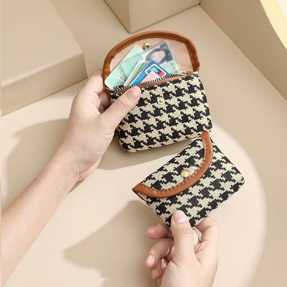 PU Leather Plaid Canvas Short Coin Purse Double Layer Stripe Square Makeup Bag Card Holder Large Capacity Lattice Money Bag