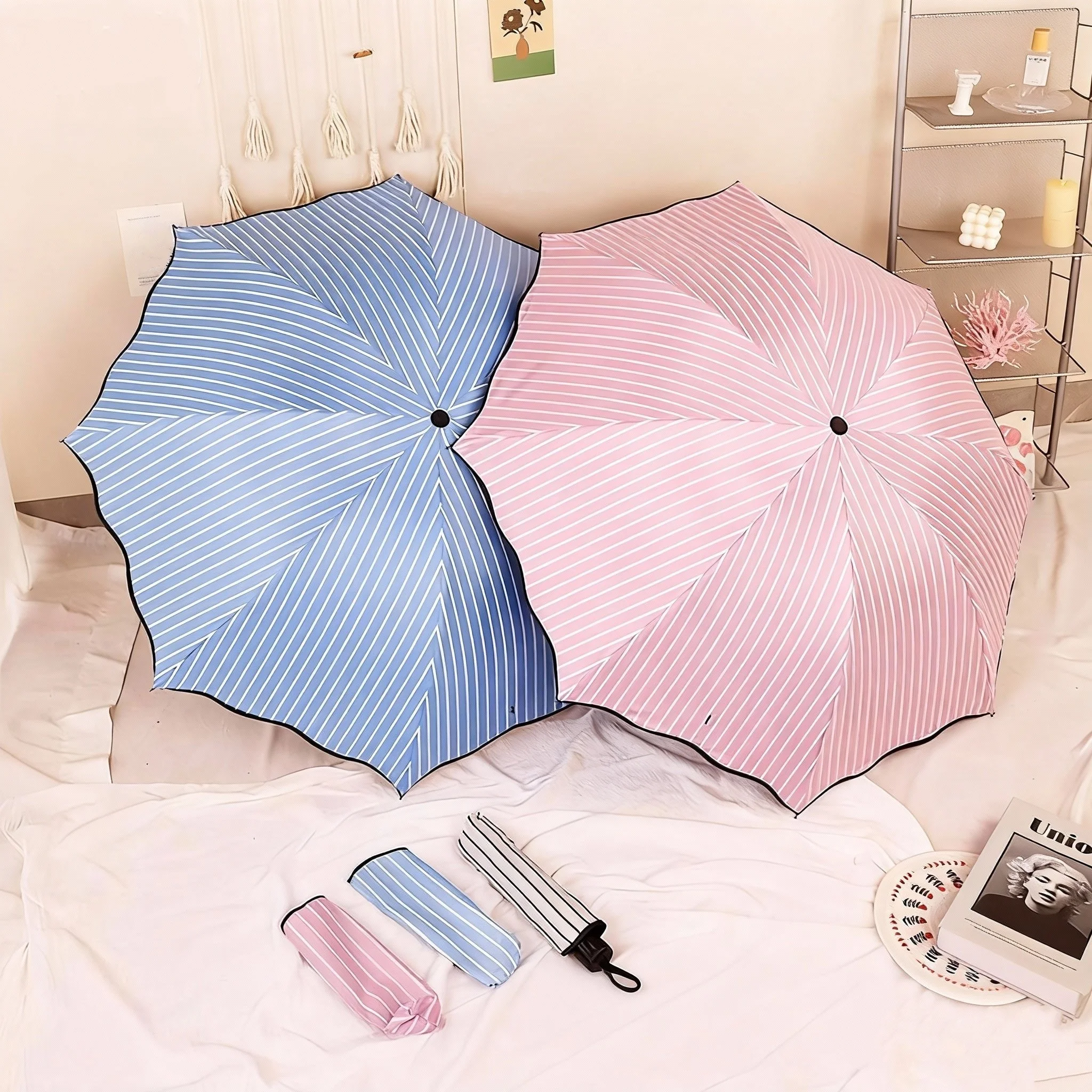1PC Gestreifter Dual-Use-Klappschirm Sonnenschutz UV-Schutz Herren Damen Business-Stil