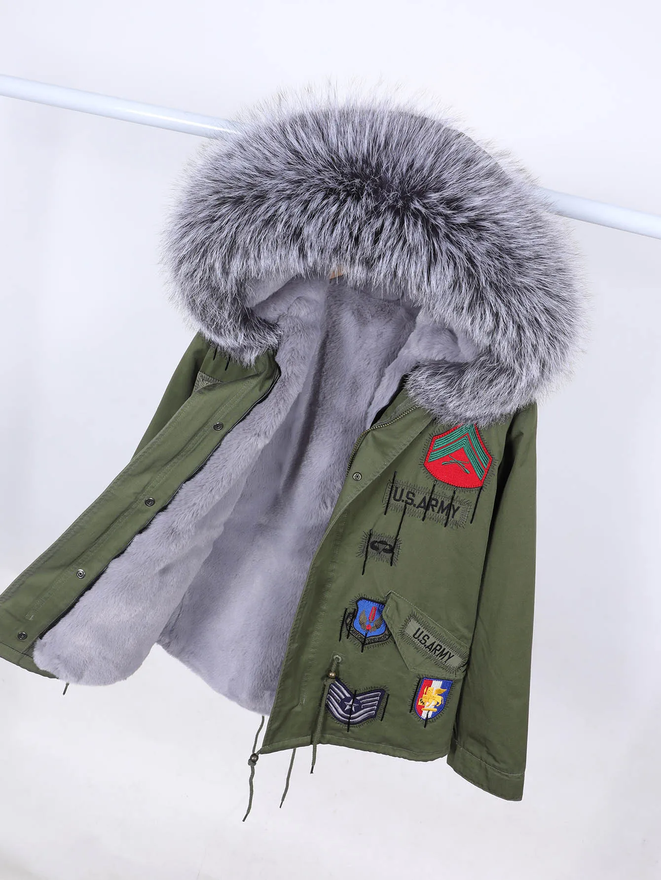 

Winter Women's Embroidered Army green Parka Coat Warm Natural Fur Collar Women's Jacket Outerwear