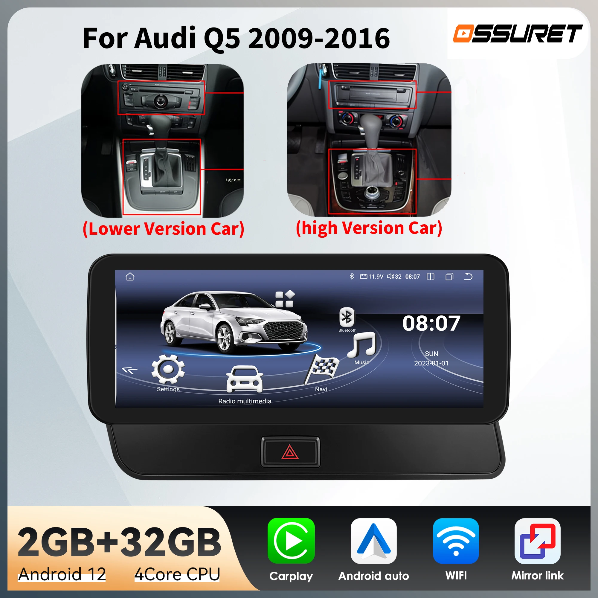 OSSURET 10,25-calowe bezprzewodowe radio samochodowe Carplay Android Auto do Audi Q5 2009 - 2016 Inteligentny system samochodowy odtwarzacz multimedialny GPS 4G WIFI BT