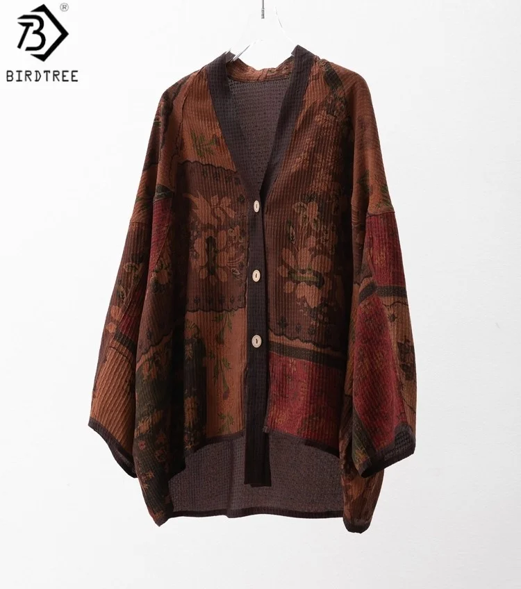 

Birdtree 100% Mulberry Silk Red Brown Cardigan,Woman Guanle Crepe Dolman Sleeve V-neck Single Breast Coat,2025 New T57917JF