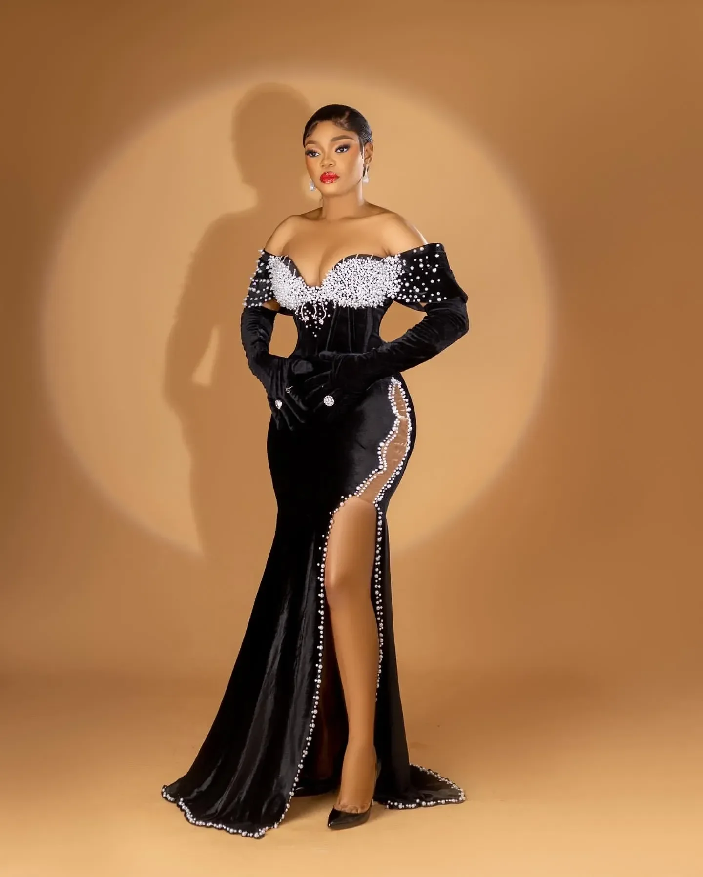 Pour les Occasions spéciales manches longues velours soirée formelle fête anniversaire deuxième fiançailles robes africaine noire sirène bal Dre