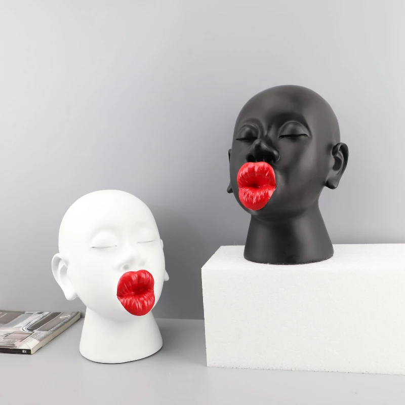 

Modern Black Big Red Lip Desktop Sculpture Model Ornaments Female Figure Head Living Room Home Soft Decoration Resin Craft Gifts