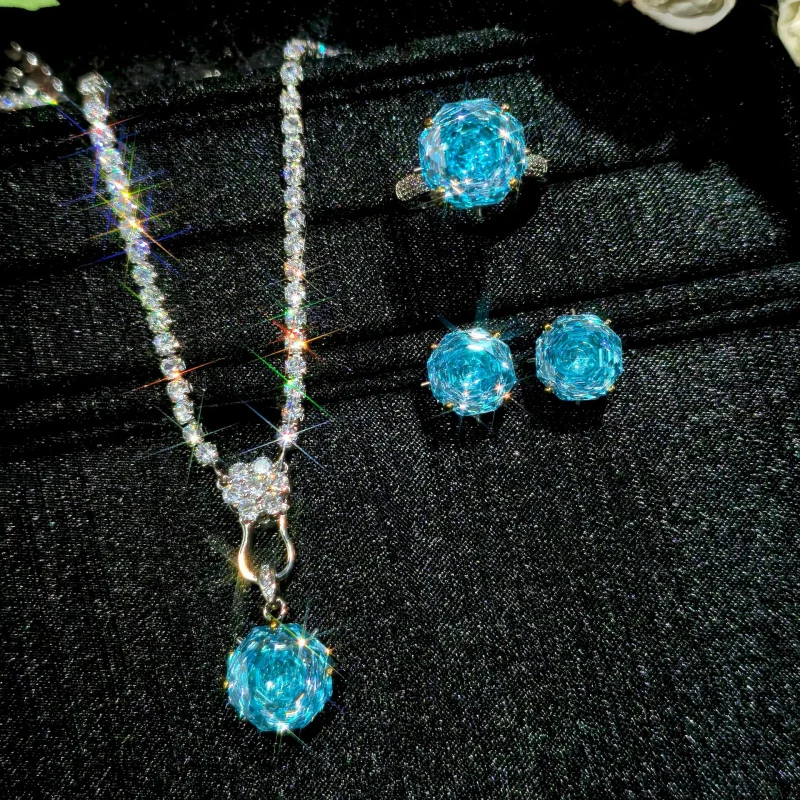 

Large Carat Rose Cut Aquamarine Zircon Necklace Earrings Ring Set for Women High-End Elegant Date Gift